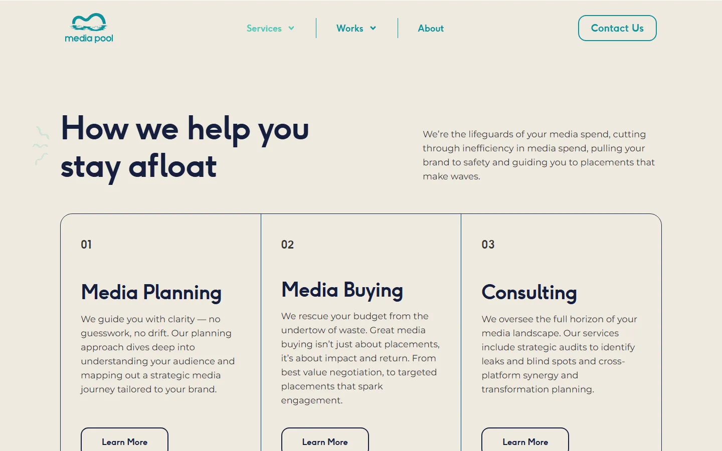 Mediapool services page with media planning, buying, and consultancy